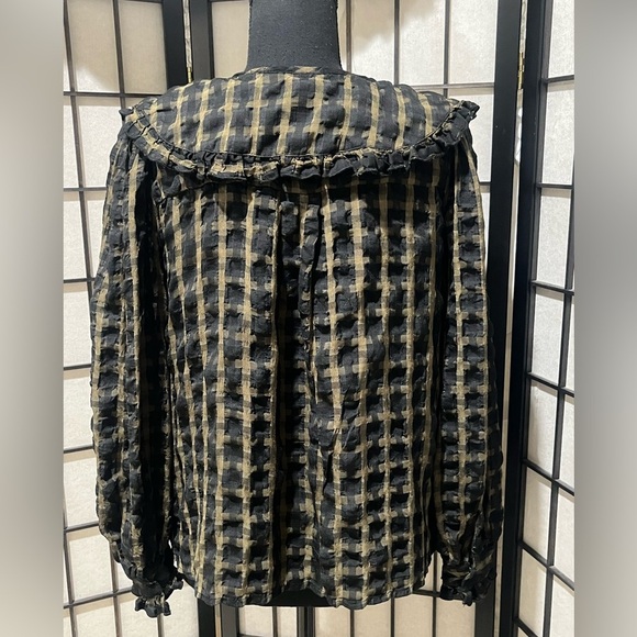 Topshop Black and khaki GINGHAM PLAID, PETER PAN RUFFLE COLLAR  TOP US SIZE 6 - Picture 5 of 9